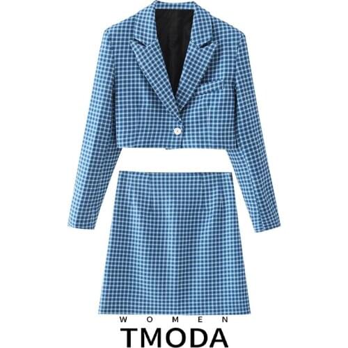 TMODA1757 2021 Summer Women Plaid Cropped Blazer Suits Elegant Office Casual High Waist Mini Skirt Female Suit Za 2 Piece Set