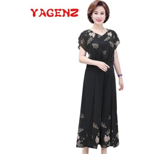 YAGENZ Plus Size Summer Two Piece Set Women Short sleeve Print Chiffon Top And Pants Casual 2 Piece Set Clothes For Women 744