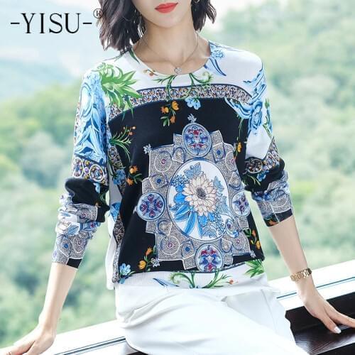 YISU Women Printed sweater Long Sleeve O Neck Knitted pullover Fashion Loose Tops Women Clothes Jumper Flower print sweater