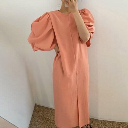Pink summer woman dress O neck Drapped Split Korean style Casual dresses for women Lantern Sleeves Oversized long vestidos 2021