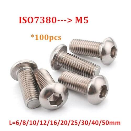 100pcs ISO7380 M5 Button Head Screw 304 stainless steel A2 Hexagon Socket Round Head Screw Hex Socket Screws Bolts Length 6-60mm