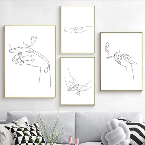 Abstract Hands One Line Drawings Painting Sketches Minimalist illustration Wall Art Canvas Prints Modern Home Decor Artwork