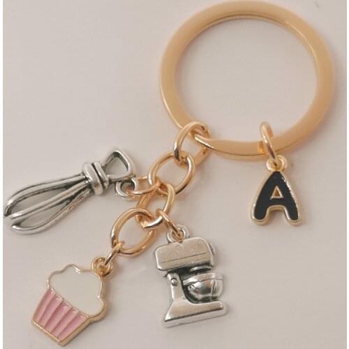 Charm A-Z letter cake cup keychain cute dessert pendant enamel metal keychain daughter cake shop handmade gifts for customers