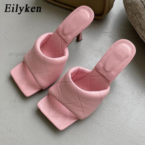 Eilyken 2021 Brand Design Women Slippers Elegant Square Toe Thin High Heels Summer Outdoor Beach Slides Shoes Ladies Sandals