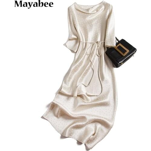 2021 Spring And Summer New 19 Momi Cream Polka Dot Jacquard Satin Three-Quarter Sleeve Dress French Elegant Long Skirt