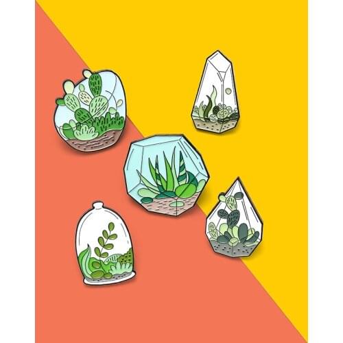 Potted Plant Enamel Pins Custom Terrarium Cactus Aloe Brooches Clothes Green Plant Badge for Bag Lapel Jewelry Gift for Friends