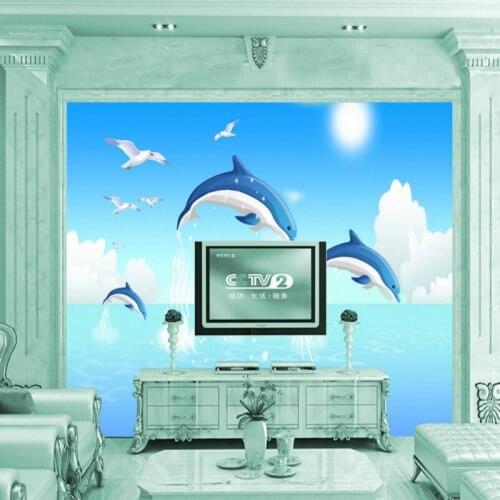 Photo wallpaper Blue sky white clouds dolphin sea view background wall decoration painting Mural custom wallpaper