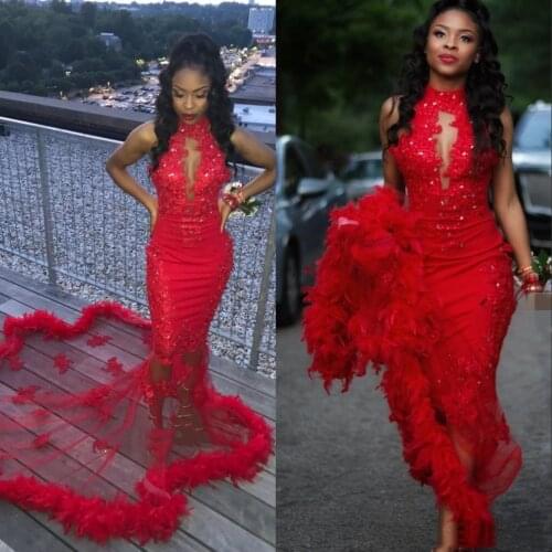 Red Mermaid Prom Dresses Crystals Beaded 2021 Feather Evening Dress Party Pageant Gowns Africa Special Occasion Wear Dubai