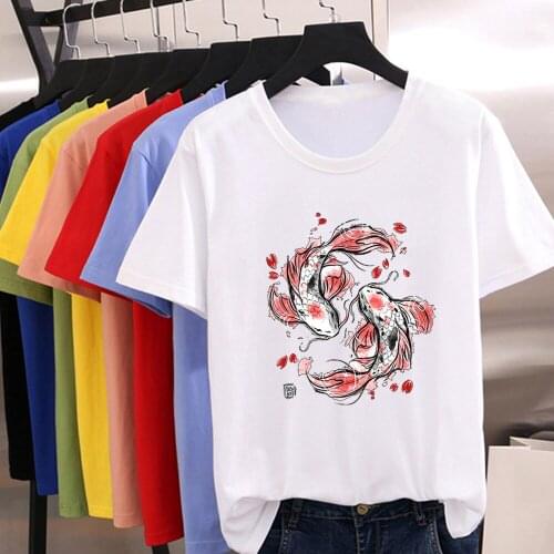 Creative Print T-shirt Two Little Red Fishes are Playing With Each Other Graphic New Tshirt Women Harajuku Tshirt