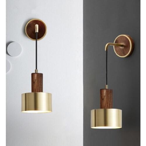 Nordic creative walnut copper art living room bedroom bedside wall lamp personality living room led background wall lamp