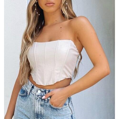 Musuos Sexy PU Crop Tops For Summer Women Solid Off Shoulder Backless Tube Top Female High Street Party Slim Bodycon Vest Tanks