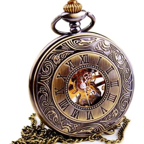 WOONUN Top Brand Luxury Steampunk Skeleton Mechanical Pocket Watches For Men Vintage Bronze Mechanical Pocket Watch With Chains