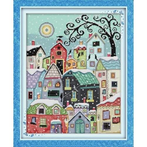 Snow Street Scenery Cross Stitch Kits Embroidery Cotton Thread Painting 14ct 11ct Counted Printed Fabric Needlework Sets Crafts