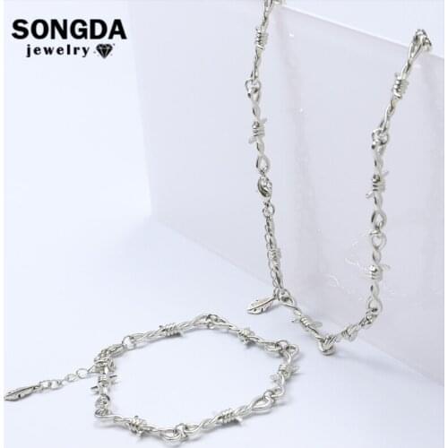 Small Wire Brambles Iron Jewelry Set Barbed Wire Mesh Ketting Sliver Necklace Bracelet Earrings Hip-Hop Gothic Punk Style Unisex