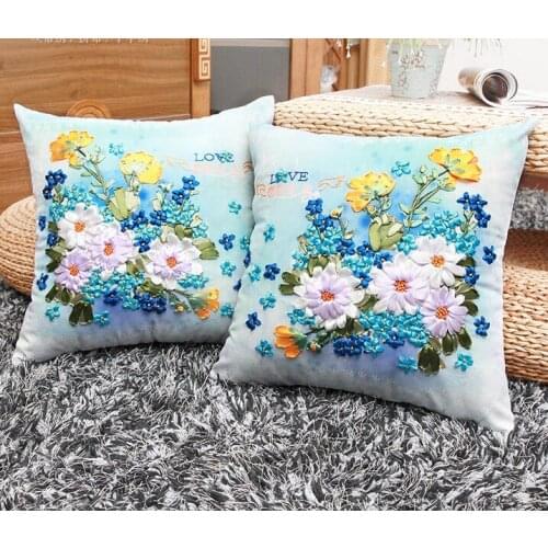 1pair 45x45cm 3D blue white daisy flower Ribbon embroidery kit pillow cover set handcraft DIY handmade needlework art home decor
