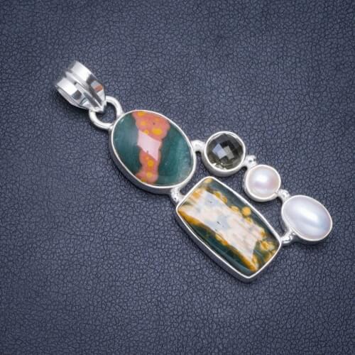 Natural Ocean Jasper,River Pearl and Green Amethyst Handmade Unique 925 Sterling Silver Pendant 2" A0485