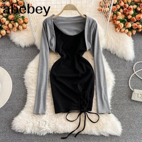 2021 New Spring Autumn Fashion long sleeve buttonless short Shawl Top + drawstring bandage short strap Dress two-piece set