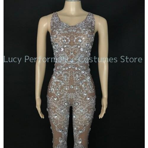 New sexy Silver Diamond Dress stage singer White Lace tights nightclub gogo sexy performance dress