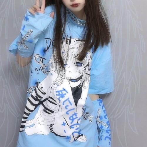 Ins New Japanese Fashion Kanji Anime Girl Print T Shirts Graphic Tee 2021 Summer Plus Size Tops Harajuku Punk Goth Teens Clothes