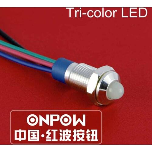 ONPOW 8mm Waterproof IP67 signal light Tri-color RGB pilot lamp 6V, 12V, 24V Domed LED indicator light (GQ8G-D/Y/RGB/S)