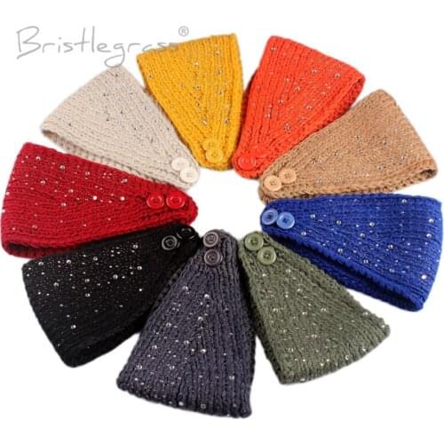 BRISTLEGRASS Women Winter Crochet Rhinestone Crochet Knitting Knitted Headband with Button Headwrap Ear Warmer Turban Hair Band