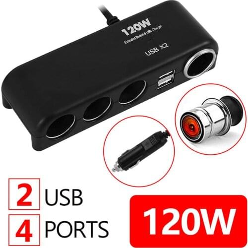 ABS 120W 4 Way 12V/24V Multi Socket Car Cigarettes Lighter Splitter Dual USB Charger Power Adapter Black Auto Interior Parts