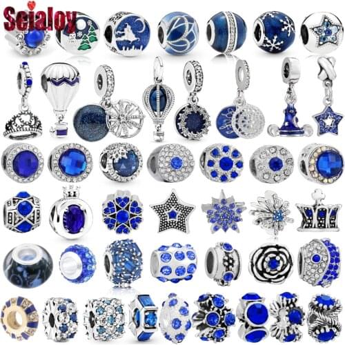 Seialoy 2pcs Dark Blue Star Moon Beaded Ice Blue Starry Sky Dangle Charm Crown Pendant Fit Brands Bracelets Diy Jewelry Making