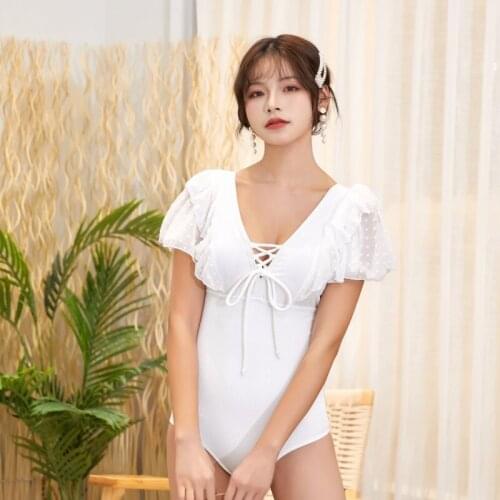 Sexy V-neck Bandage Swimsuit Ruffle Short Sleeve Swimwear Solid One Piece Bathing Suit Sport Trikini Monokini Korea Style