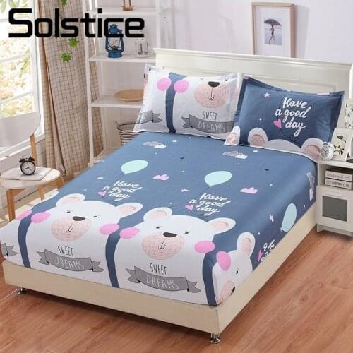 Solstice Home Textile Cartoon Bear Blue Bed Fitted Sheet Kid Adult Teen Bedding Mattress Cover 100% Cotton King Full Twin Single