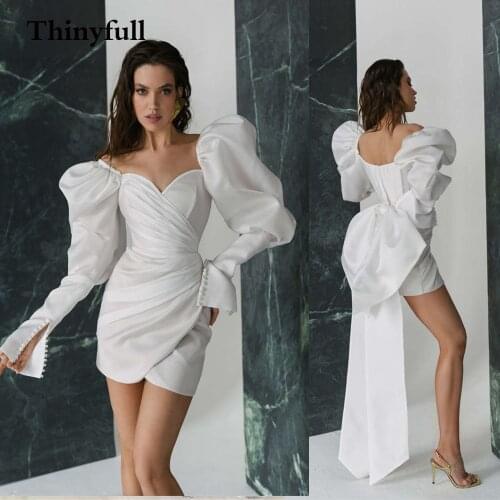 Thinyfull Puff Sleeves Long Bow Mini Wedding Dresses Boho Sweetheart Simple Button Beach Bridal Gowns Bride Dress Vestidos