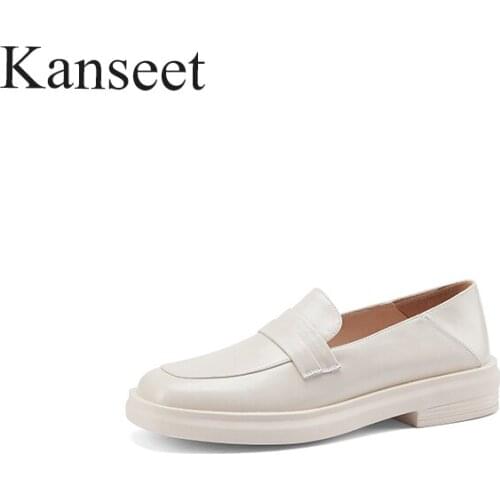 Kanseet New Female Shoes 2021 Spring Autumn Casual Genuine Leather Round Toe Concise Handmade Loafers Mid Heels Womans Pumps