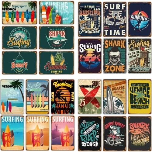 Vintage Hawaii Surf Time Metal Tin Signs Wall Art Painting Plate Seaside Beach Poster Plaque for Bar Garden Home Decoration Gift