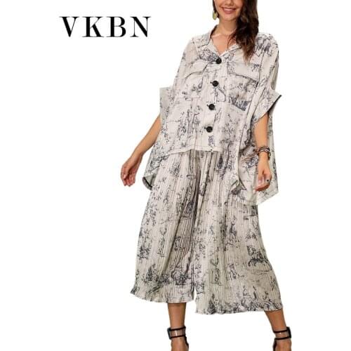 VKBN Spring Summer Two Piece Set Top and Pants Plus Size Elastic Wais Print Straight Trousers sweat suits women Three Quarter