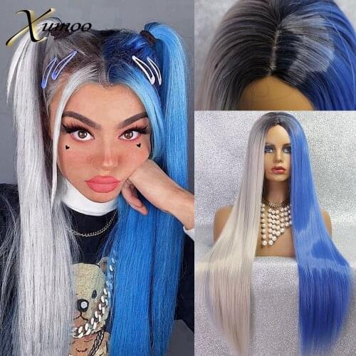 XUMOO Half Blue Half Grey Synthetic Wigs Glueless Ombre Colorful Heat Resistant None Lace Wig For Cosplay Party Lolita Women