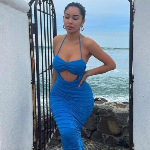 Women Hollow Out Long Skirt Solid Color Halter Neck Backless Off-the-shoulder Orange/ Royal Blue