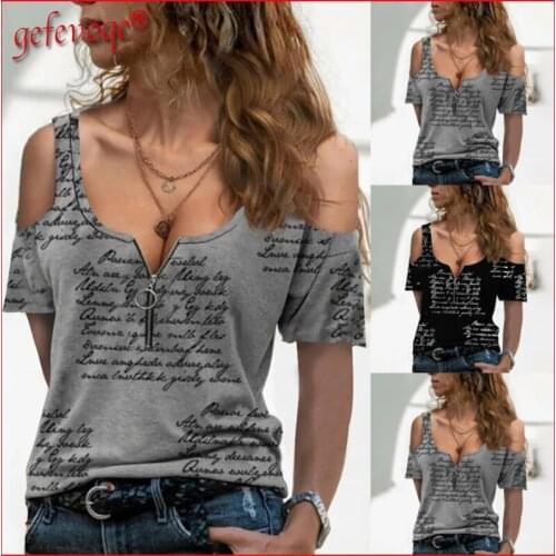 Summer Clothes for Women 2021 Fashion Sexy Off Shoulder Zipper V Neck Letter Printed Tees T-shirt Casual Short Sleeve Tunic Tops