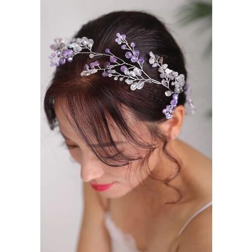 Bohe Bridal Hair Accessories Purple Headpieces Crystal Headband Handmade Women Hair band Wedding Hairstyle Jewelry
