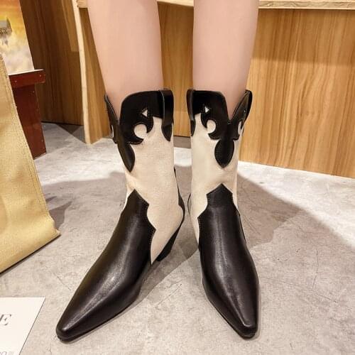 Boots Women New 2021 Shoes Round Toe Chelsea Pointy Low Summer Rubber Ladies Mid Calf Mid-Calf Cowboy Solid PU Rome Slip-On Bas