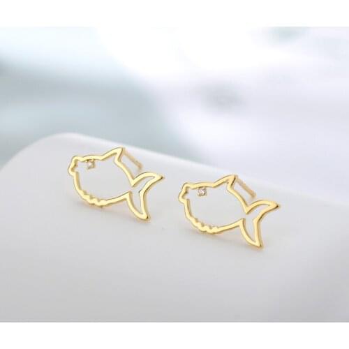 Zircon Hollow Fish Stud Earrings For Women Girls Gold Silver Color Stainless Steel Female Small Earring Wedding Ear Jewelry