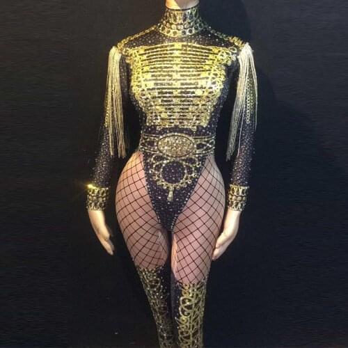 Gold Fringes Epaulet Rhinestones Jumpsuit Women Jazz Dance Nude Stretch Bodysuit Outfit Evening One-piece Sexy Dance Wear DJ1023