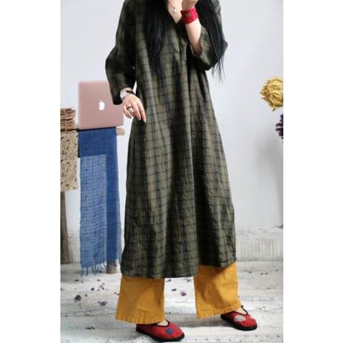 Women Plaid Linen V neck Loose Dress Ladies Vintage Spring Autumn Plaid Retro Flax Dress 2019 Plus Size Dresses Female Robes