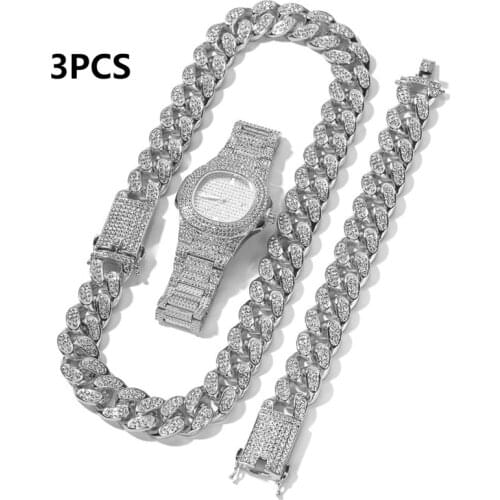 3 Pcs Necklace+Watch+Bracelet Men Watch Paved Rhinestones CZ Bling Rapper Men Jewelry Joyas Hip Hop Miami Cuban Chain Gold Color