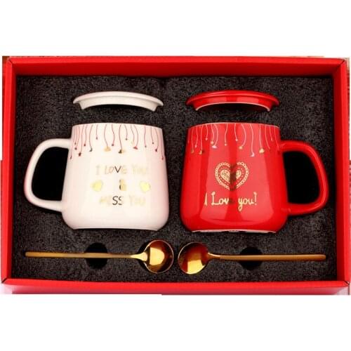 430ML Creative Love You Mugs Set Ceramic Couple Coffee Cup With Lid And Spoon for Valentines Day Wedding Engagement Anniversary