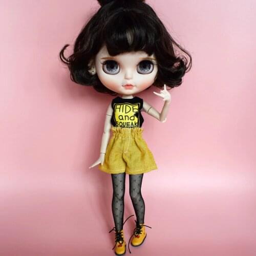 1 Set 1/6 Fashion Black Vest and Yellow Hight Waist Shorts Clothes for Blyth Azone Licca Doll Pants Outfit Accessories
