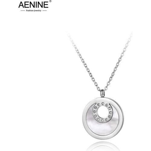 AENINE Trendy Rhinestone Stainless Steel Chokers Necklaces Moon Shape Shell Circle Rose Gold Pendant Jewelry For Women AN19044