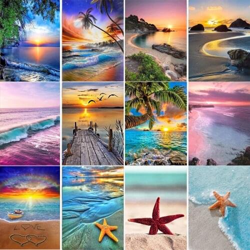 5d Full Round Diamond Painting Seaside Landscape Diy Beach Shell Cross Stitch Starfish Seaside Decorative Painting Home Decor