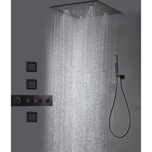 Luxury Rainfall And Mist Black Shower Bathroom Faucet Mixer Valve Thermostatic Ceiling Shower Set With SPA Water Body Jet Head