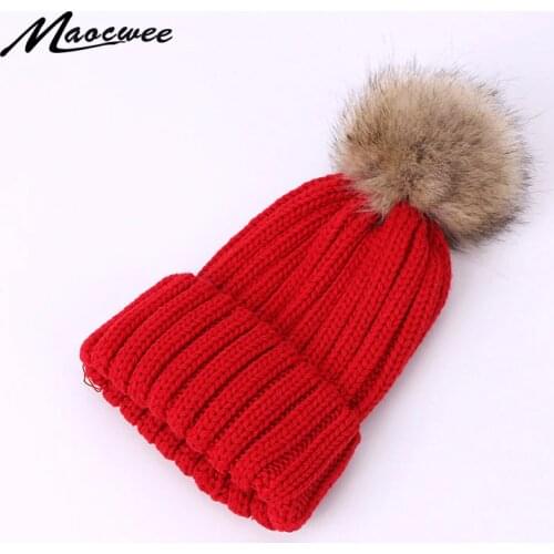 Adult Woman Child Faux Fur Bobble Ball Pompom Beanies Hats Cute Winter Mom Baby Kids Crochet Knitted Hat Skullies Caps Girl Boy