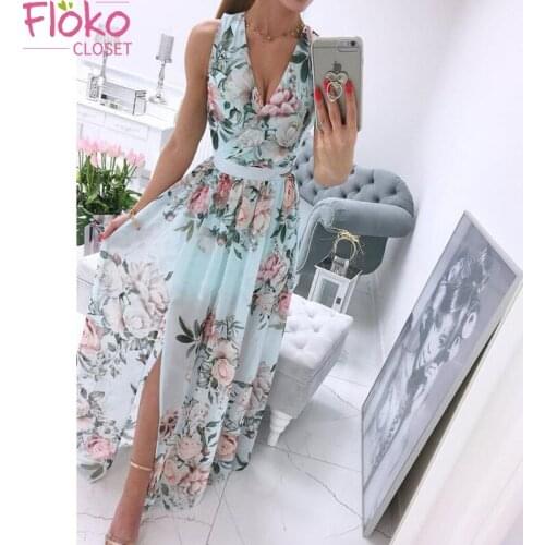 Flokocloset V-Neck Chiffon Floral Print Bohemian Dress Summer Beach Maxi Sundress Vintage Split Sexy Party Dress Robe Femme