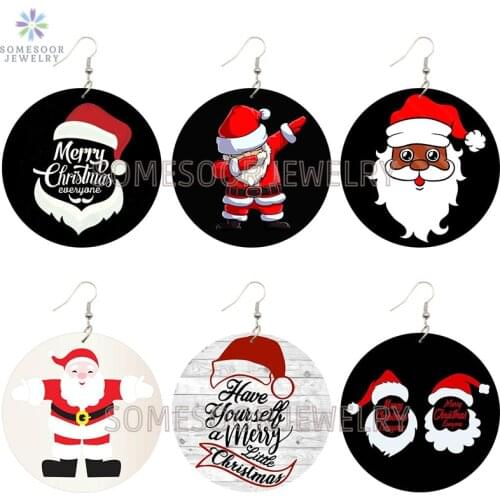 SOMESOOR Merry Christmas Everyone Wooden Drop Earrings Best Wishes Santa Claus Cute Hat Afro Circle Ear Dangle For Women Gifts